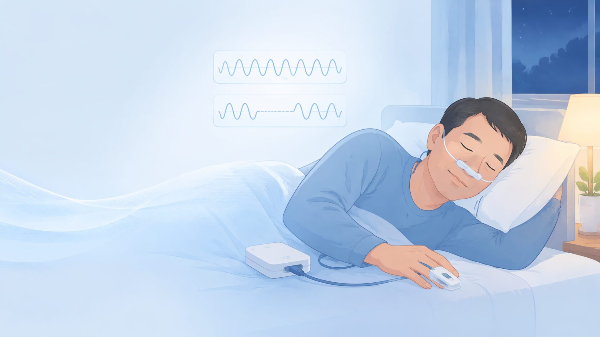 鼻と指先にセンサーをつけ、自宅で簡易SAS検査を行う様子のイラスト